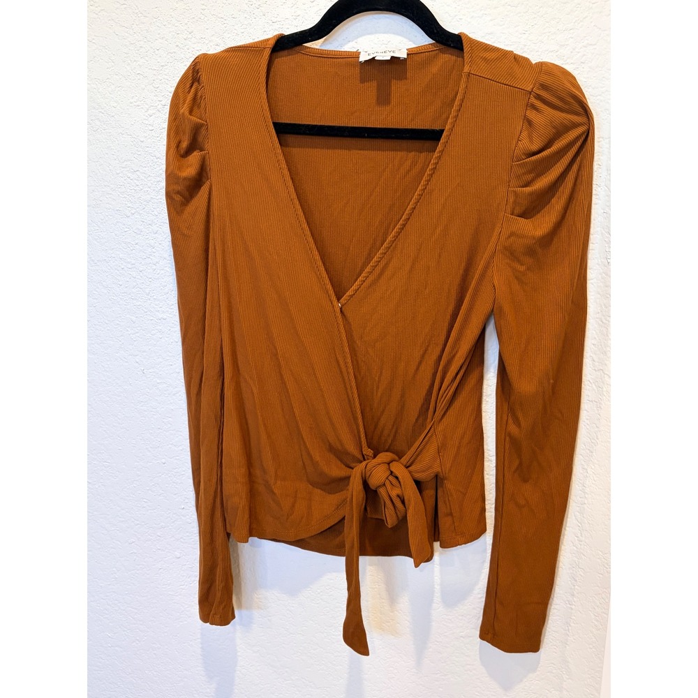 Evereve Rust Brown Ribbed Wrap Top Puff Sleeve Side Tie V-Neck Small